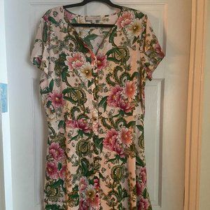 Ann Taylor Loft Floral Dress Size 16 Pink Green Short Sleeve, Ruffle Bottom